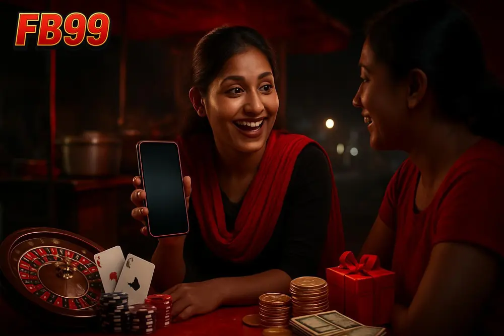 FB99 App Download — a young Bangladeshi woman showing her phone screen to a friend excitedly while sitting at a