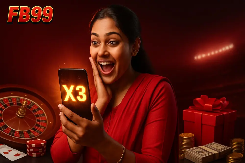 FB99 Aviator Game — a Bangladeshi woman gasping happily as golden light bursts around a rising multiplier graphic on
