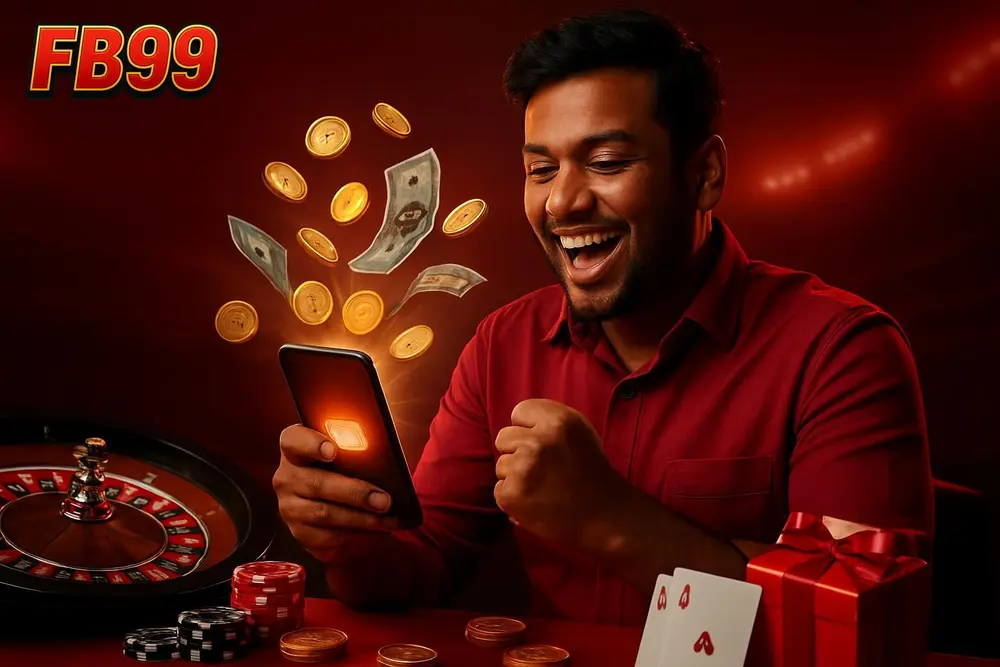 FB99 bKash Deposit โ a happy Bangladeshi man celebrating as gold coins and banknotes fan out around a glowing FB99 bKash Deposit โ a happy Bangladeshi man celebrating as gold coins and banknotes fan out around a glowing