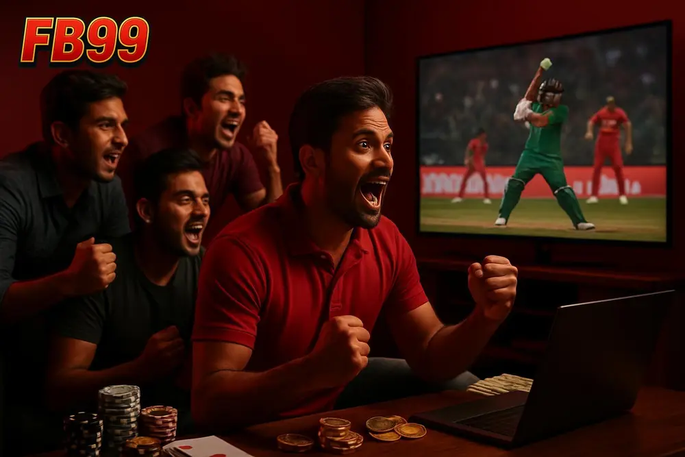 FB99 Cricket Betting — a group of young Bangladeshi men watching a cricket match excitedly on a large television in