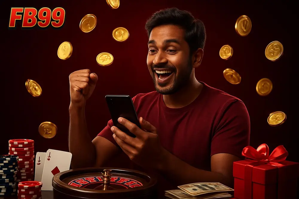 FB99 Signup Bonus — a young Bangladeshi man raising his fist in celebration as golden coins shower around his smartphone